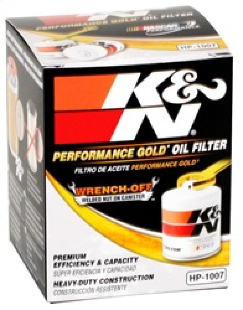 K&N Buick / Chevrolet / Oldsmobile Performance Gold Oil Filter - HP-1007 for 1997-2006 Chevrolet Corvette - angle view