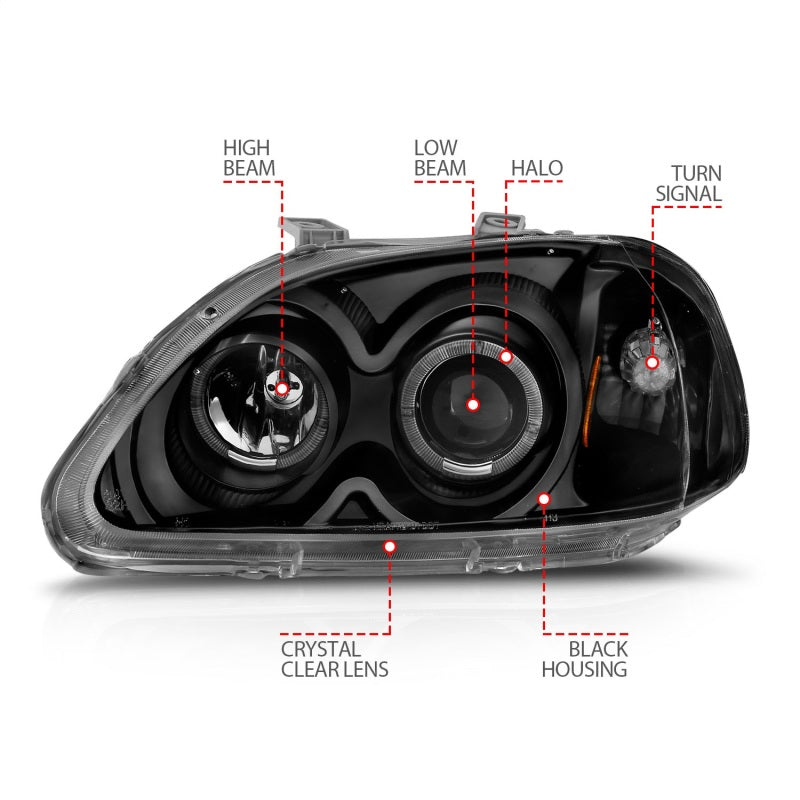ANZO 1996-1998 Honda Civic Projector Headlights w/ Halo Black - 121068