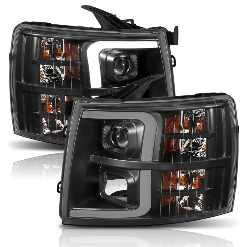 ANZO 07-13 Chevrolet Silverado 1500 Plank Style Projector Headlights Black w/ Amber - 111410