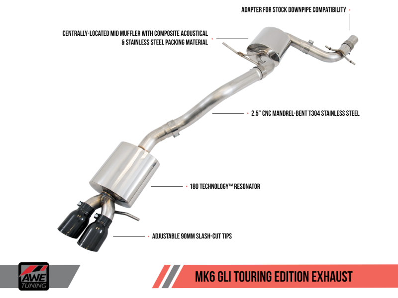 AWE Tuning Mk6 GLI 2.0T - Mk6 Jetta 1.8T Touring Edition Exhaust - Polished Silver Tips - 3015-22058