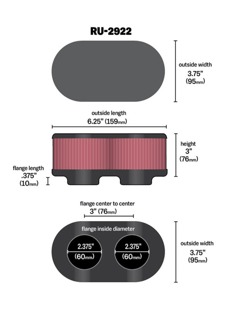K&N Filter Universal Filter 2 3/4 inch Dual Flange GSXR Oval (2/Box) - RU-2922 for 1990-2003 Suzuki GSX600F Katana - detail v