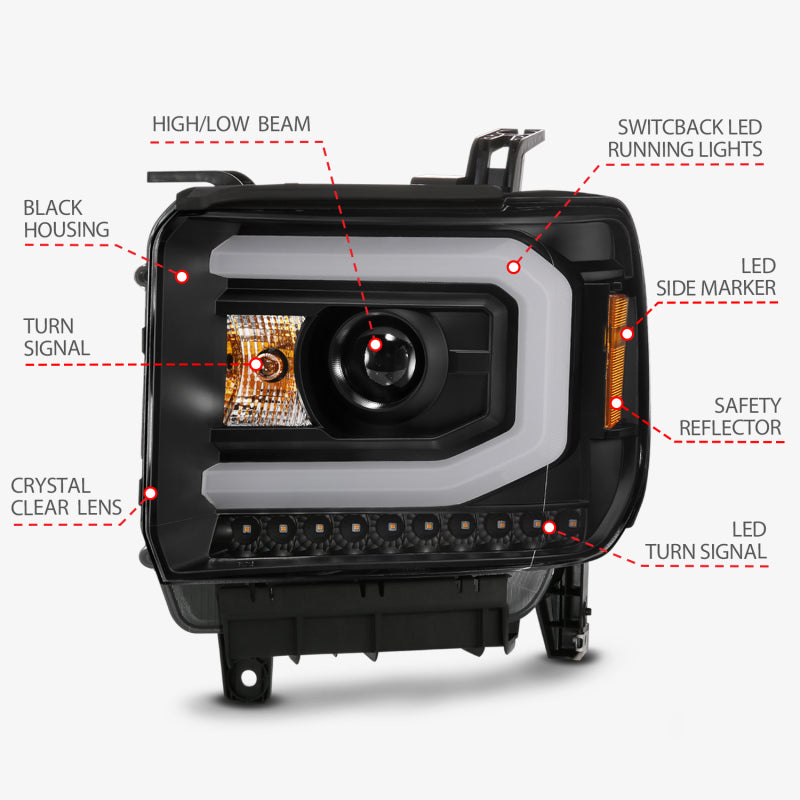 ANZO GMC SIERRA 1500 14-15 2500H/15-19 Projector Headlight Plank Style Black w/ Switchback (Halogen) - 111487