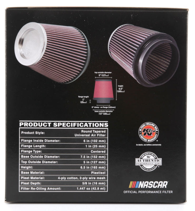 K&amp;N Round Tapered Universal Air Filter 6in Flange ID x 7.5in Base OD x 5in Top OD x 6.5in Height - RF-1042