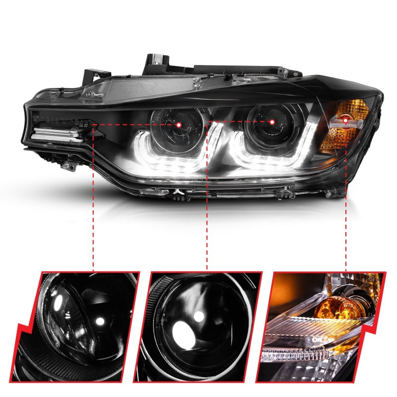 ANZO 2012-2015 BMW 3 Series Projector Headlights w/ U-Bar Black - 121504