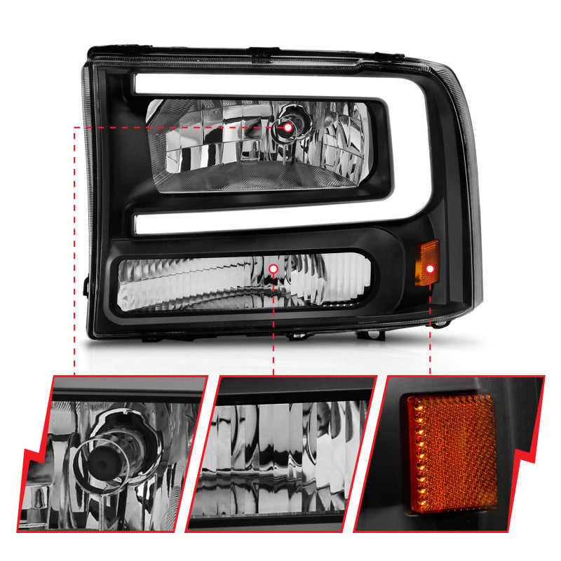 ANZO 99-04 Ford F250/F350/F450/Excursion (excl. 99) Crystal Headlights - w/ Light Bar Black Housing - 111549