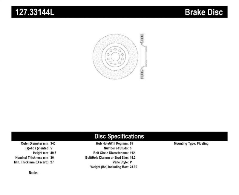 Stoptech Mk 7 - 7.5 Volkswagen Golf GTI - Slotted &amp; Drilled Sport Rotor (340MM) - Front Left - 127.33144L
