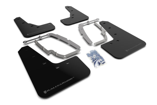 Rally Armor 17-22 Tesla Model 3 Black UR Mud Flap w/ Dark Grey Logo - MF62-UR-BLK/DGRY for 2017-2023 Tesla 3 - front view