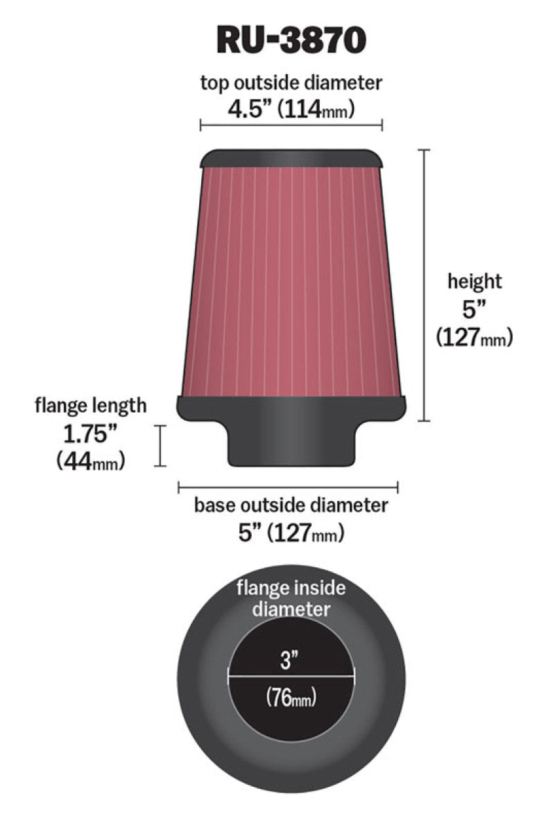 K&N Universal Clamp-On Air Filter 3in FLG / 5in B / 4-1/2in T / 5in H - RU-3870 by K&N Engineering - side view