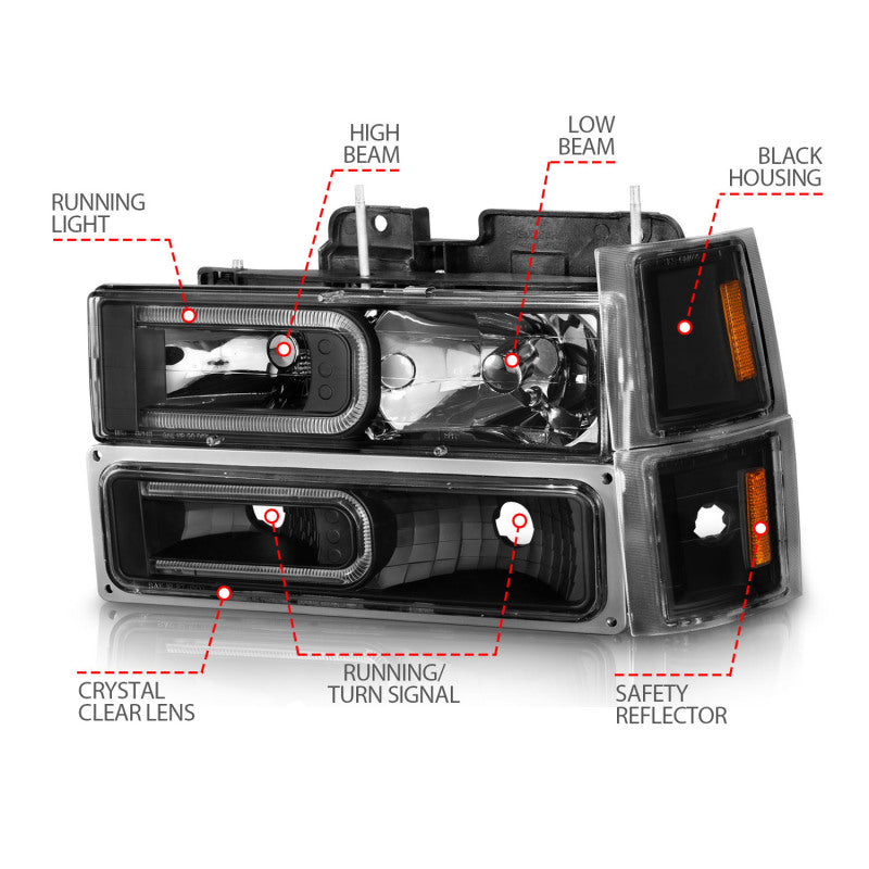 ANZO 88-98 Chevrolet C1500 Crystal Headlights w/ Light Bar Black Housing w/ Signal Side Markers 8Pcs - 111528