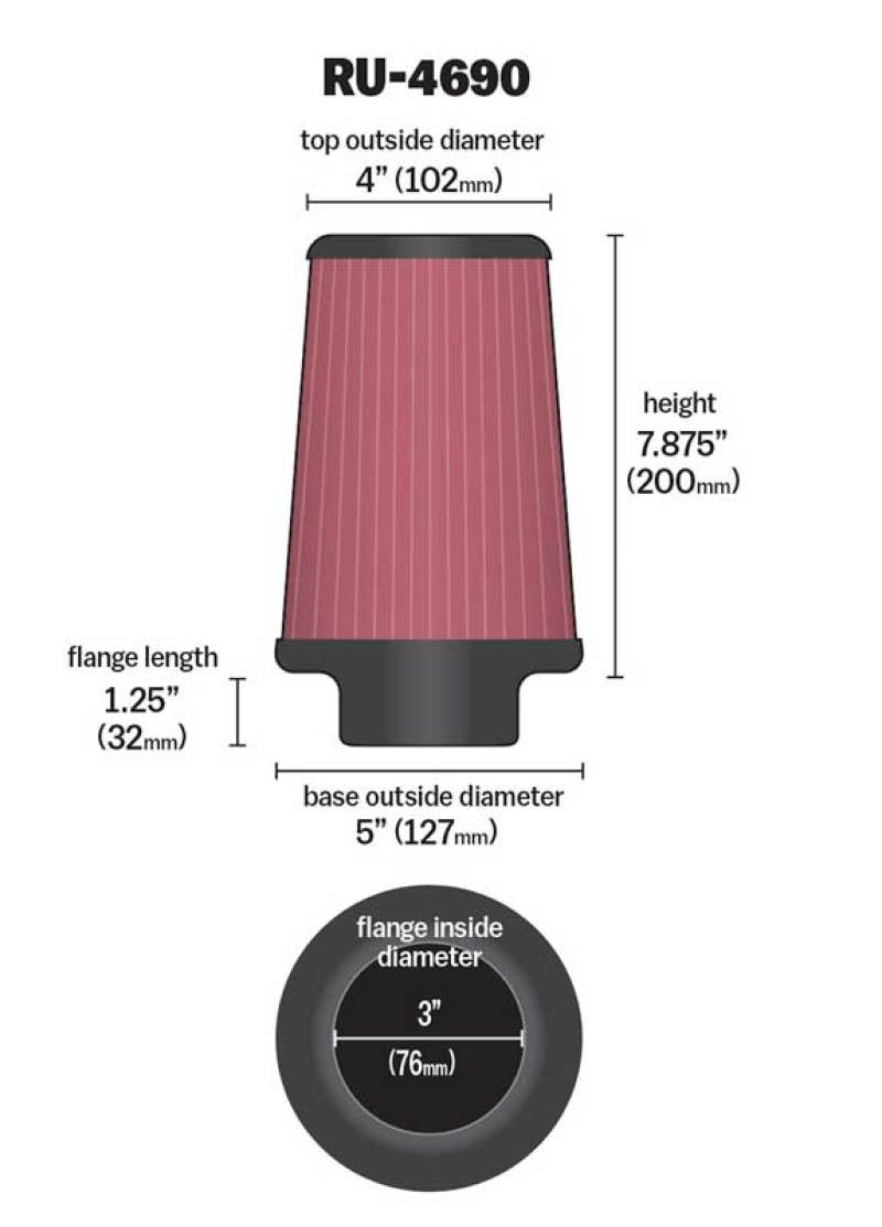 K&amp;N Universal Round Tapered Filter 3 inch FLG / 5 inch Bottom / 4 inch Top / 7 7/8 inch Height - RU-4690