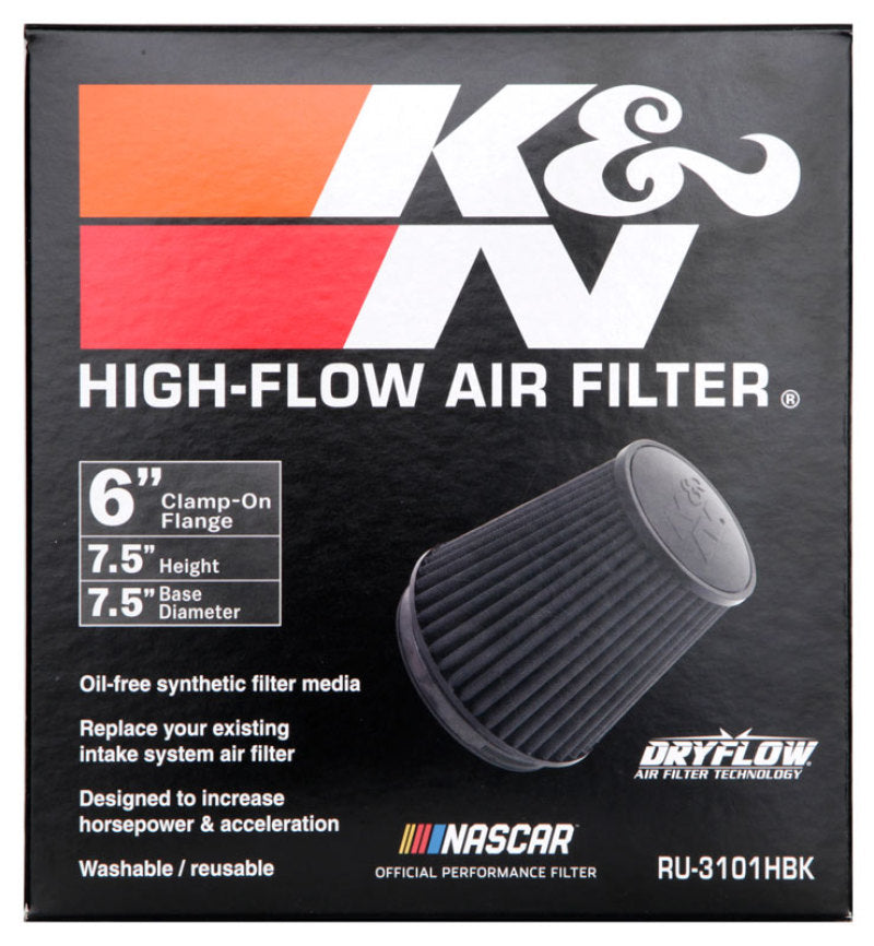 K&amp;N Universal Rubber Filter Round Tapered 6in Flange ID x 7.5in Base OD x 5.25in Top OD x 8in Height - RU-3101HBK