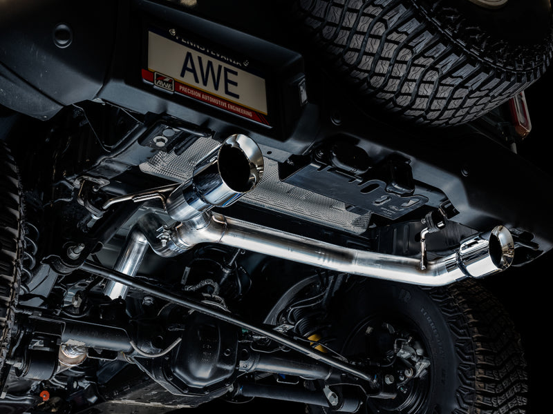 AWE Tuning 2021+ Ford Bronco 0FG Dual Rear Exit Exhaust w/Chrome Silver Tips &amp; Bash Guard - 3015-32456