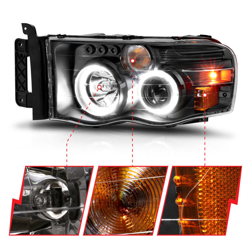 ANZO 2002-2005 Dodge Ram 1500 Projector Headlights w/ Halo Black Clear Amber - 111490