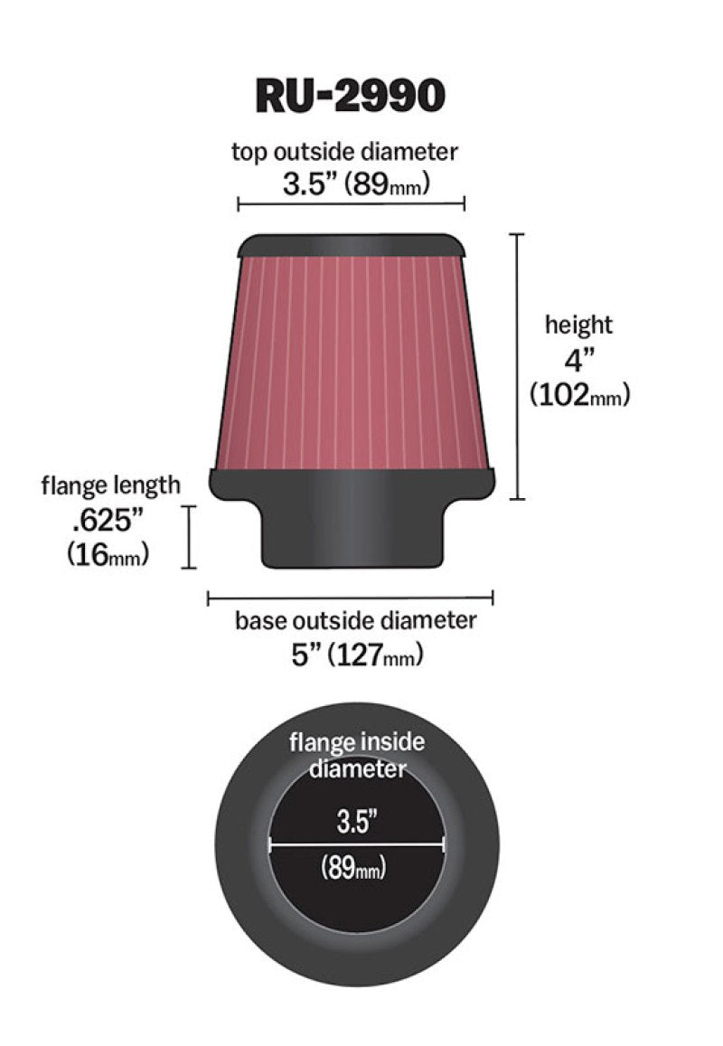 K&N Filter Universal Rubber Filter 3 1/2 inch Flange 5 inch Base 3 1/2 inch Top 4 inch Height - RU-2990 by K&N Engineering - 