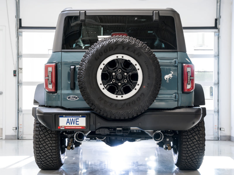 AWE Tuning 2021+ Ford Bronco 0FG Dual Rear Exit Exhaust w/Chrome Silver Tips &amp; Bash Guard - 3015-32456