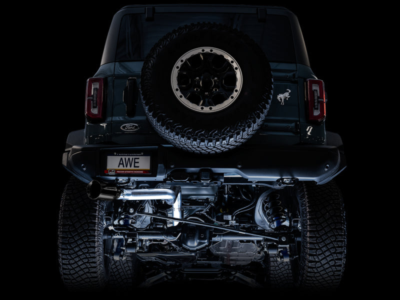 AWE Tuning 2021+ Ford Bronco 0FG Single Rear Exit Exhaust w/Diamond Black Tip &amp; Bash Guard - 3015-23789