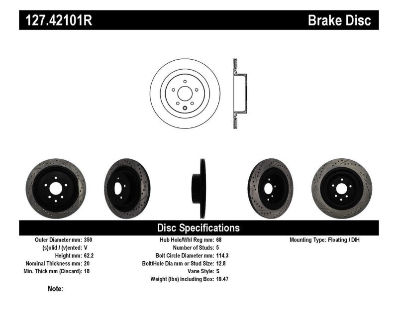 StopTech Infiniti G37 / Nissan 370Z SportStop Slotted &amp; Drilled Rear Right Rotor - 127.42101R