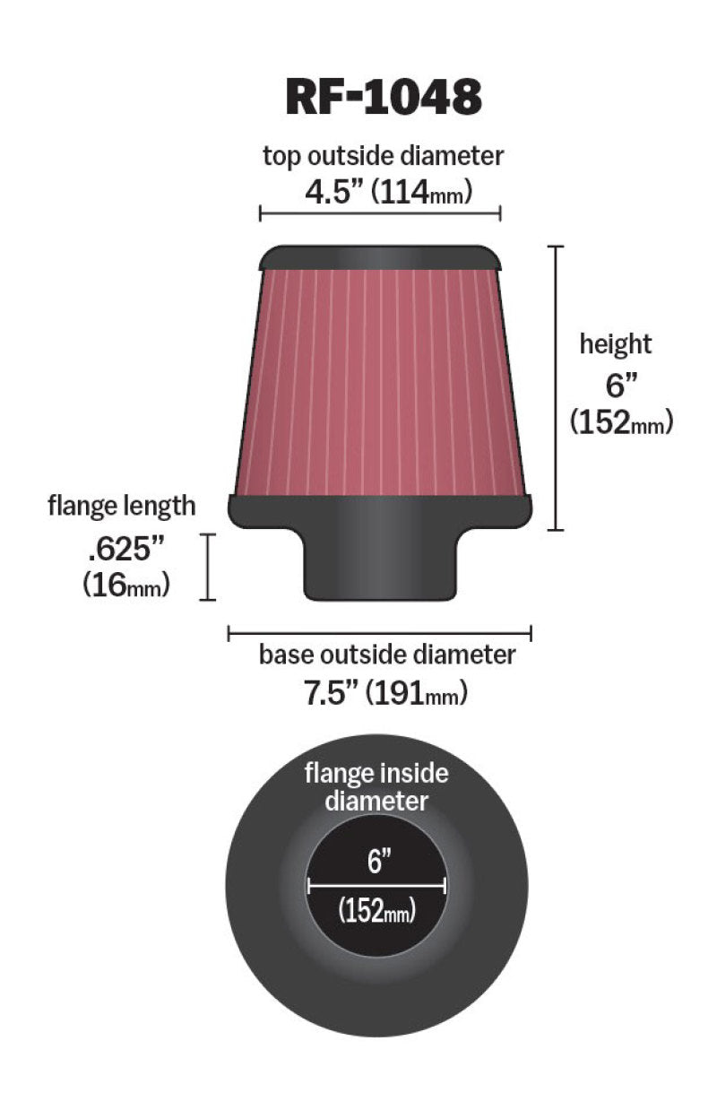K&amp;N Round Tapered Universal Air Filter 6in Flange ID x 7.5in Base OD x 4.5in Top OD x 6in H - RF-1048
