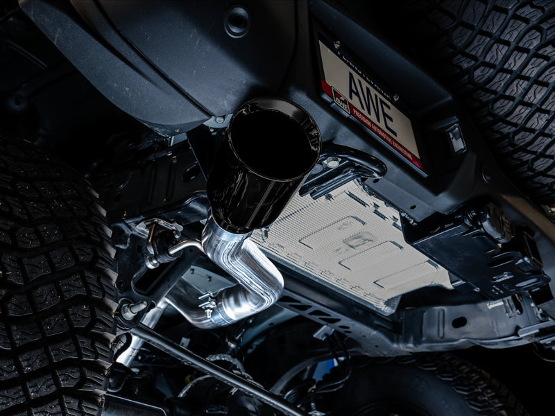 AWE Tuning 2021+ Ford Bronco 0FG Single Rear Exit Exhaust w/Diamond Black Tip &amp; Bash Guard - 3015-23789