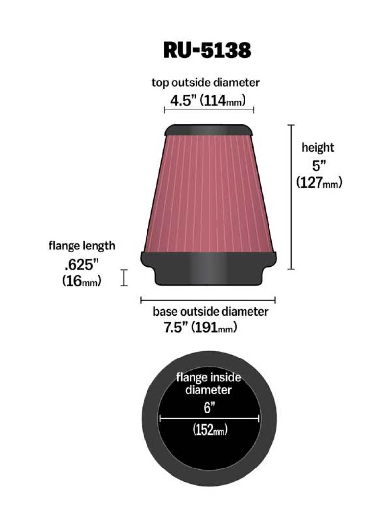 K&amp;N Universal Clamp-On Air Filter 6in FLG / 7-1/2in B / 4-1/2in T / 5in H - RU-5138