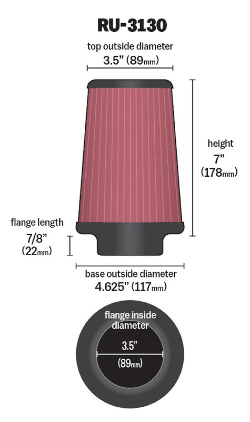 K&N Filter Universal Rubber Filter 3 1/2 inch Flange 4 5/8 inch Base 3 1/2 inch Top 7 inch Height - RU-3130 by K&N Engineerin