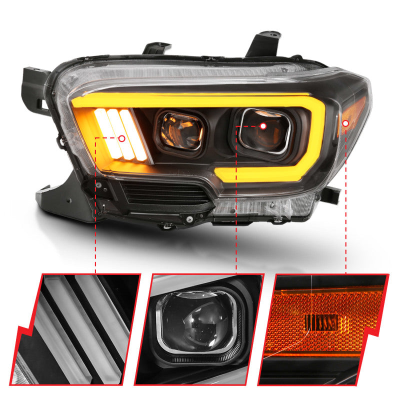 ANZO 2016-2017 Toyota Tacoma Projector Headlights w/ Plank Style Switchback Black w/ Amber - 111396