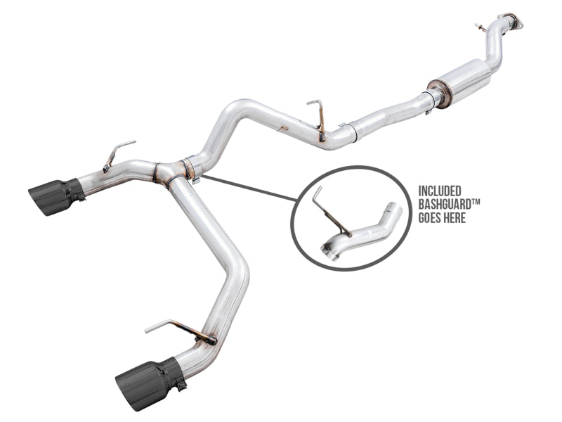 AWE Tuning 2021+ Ford Bronco 0FG Dual Rear Exit Exhaust w/Diamond Black Tips &amp; Bash Guard - 3015-33456