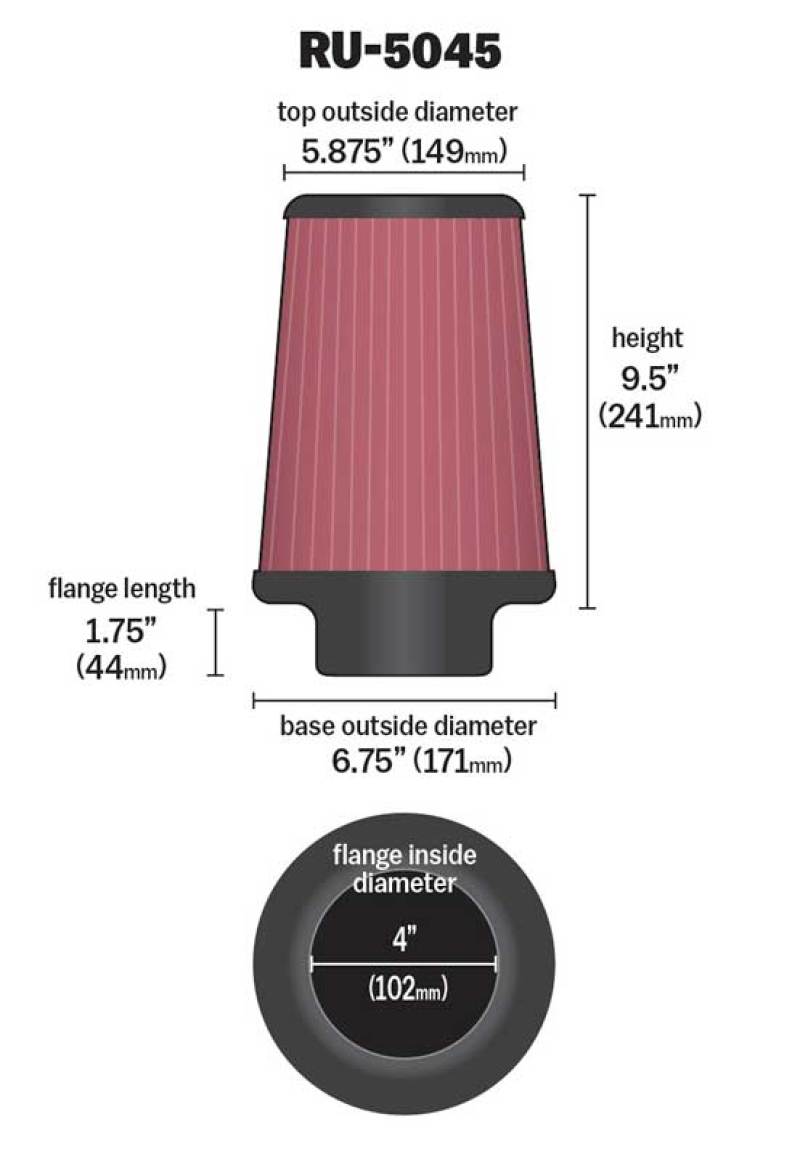 K&amp;N Filter 4 inch Flange 6 3/4 inch OD Base 5 7/8 inch OD Top 9 1/2 inch Height - RU-5045