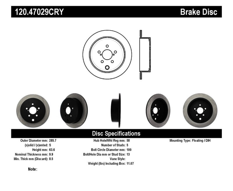 Stoptech 09-10 Subaru Forester / 08-10 Impreza/WRX Rear CRYO-STOP Rotor - 120.47029CRY for 2008-2014 Subaru Impreza - alterna