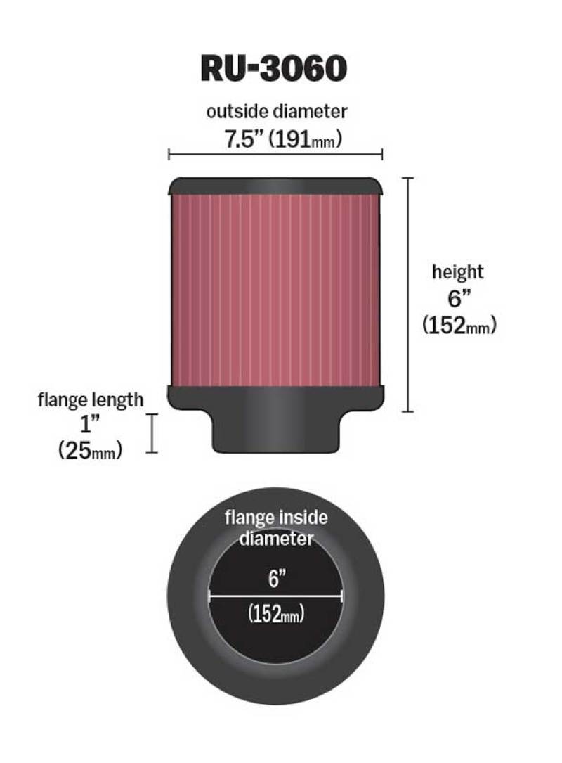 K&N Universal Rubber Filter 6in FLange ID / 7.5in OD / 6in Height / Round Straight - RU-3060 by K&N Engineering - detail view