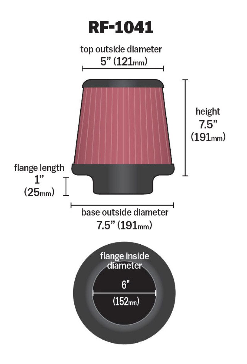 K&amp;N Round Tapered Universal Air Filter 6 inch Flange 7 1/2 inch Base 5 inch Top 7 1/2 inch Height - RF-1041