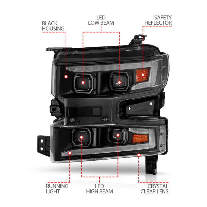 ANZO 19-22 Chevrolet Silverado 1500 LED Proj HL w/Lgt Bar SwBk Seq. Blk w/In. Light - Passenger Side - 111566-R