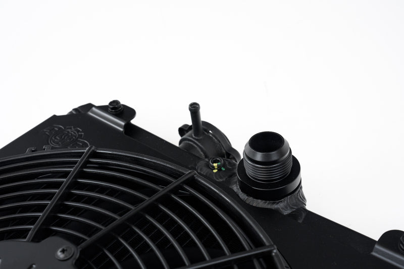 CSF Universal Half Radiator w/-16AN &amp; Slip-On Fittings/12in SPAL Fan &amp; Shroud - Black Finish - 2858XB