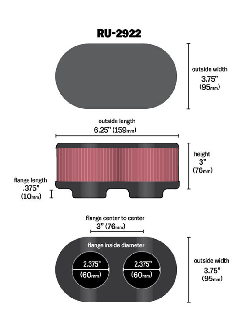 K&N Filter Universal Filter 2 3/4 inch Dual Flange GSXR Oval (2/Box) - RU-2922 for 1990-2003 Suzuki GSX600F Katana - angle vi