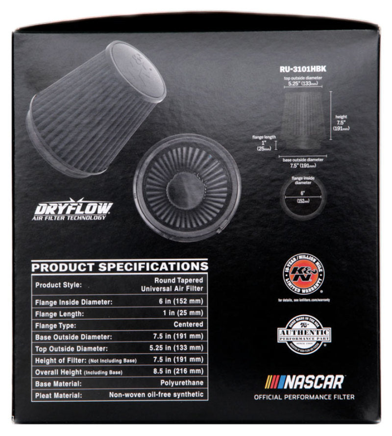 K&amp;N Universal Rubber Filter Round Tapered 6in Flange ID x 7.5in Base OD x 5.25in Top OD x 8in Height - RU-3101HBK