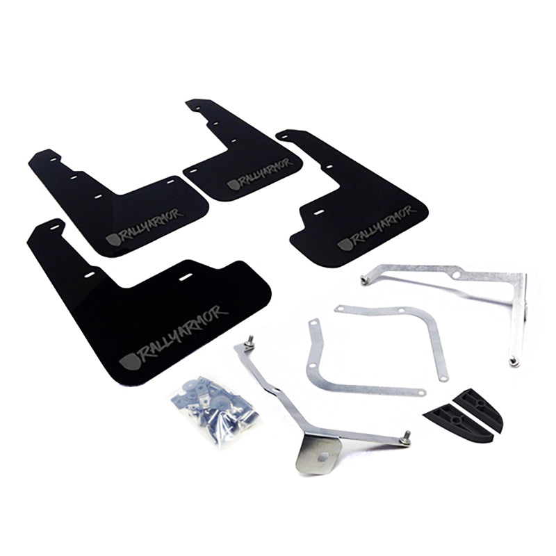 Rally Armor 15-21 Subaru WRX &amp;amp; STI Black Mud Flap Grey Altered Font Logo - MF32-UR-BLK/GRY-X