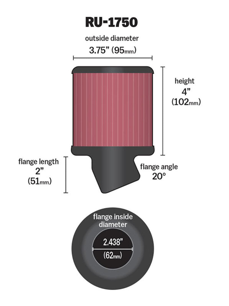 K&N Filter Universal Rubber Round Straight Filter 20 Deg Angled 2-7/16in Flange 3-3/4in OD 4in H - RU-1750
