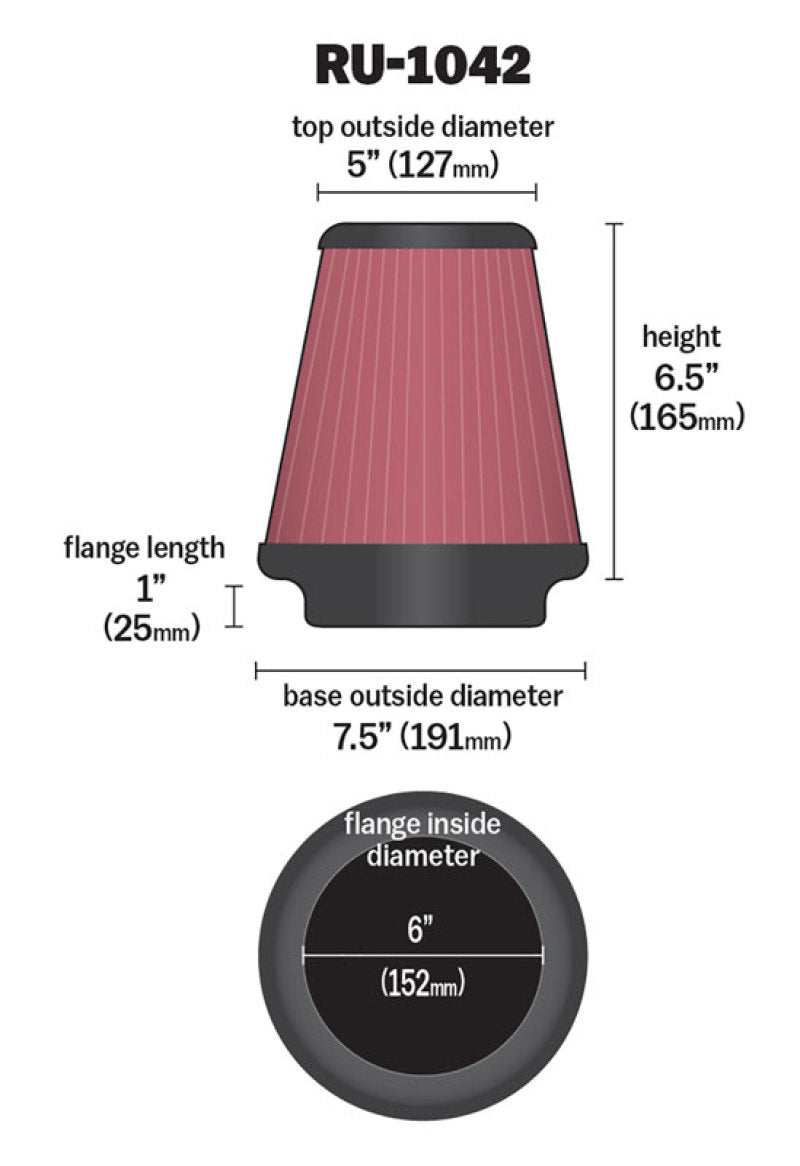 K&amp;N Universal Clamp-On Air Filter 6in FLG / 7-1/2in B / 5in T / 6-1/2in H - RU-1042