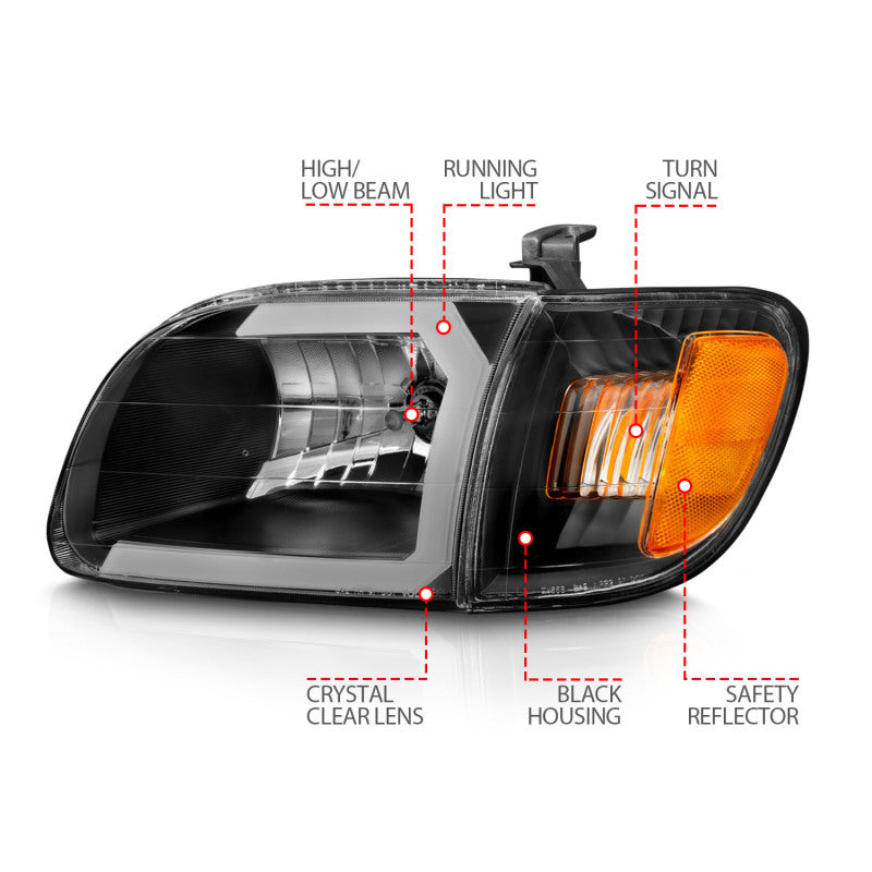 ANZO 00-04 Toyota Tundra (Fits Reg/Acc Cab Only) Crystal Headlights w/Light Bar Black w/Corner Light - 111579