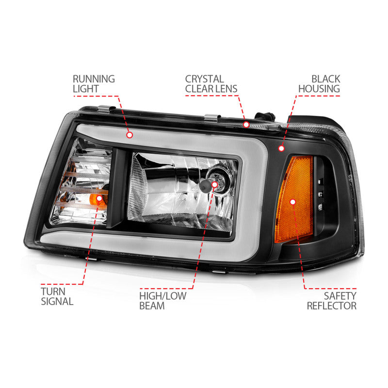 ANZO 2001-2011 Ford Ranger Crystal Headlights w/ Light Bar Black Housing - 111511