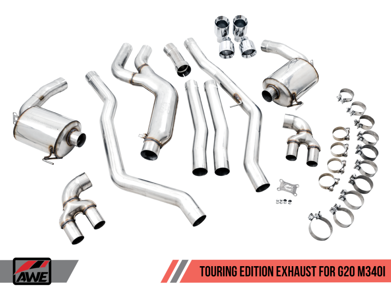 AWE Tuning 2019+ BMW M340i (G20) Non-Resonated Touring Edition Exhaust - Quad Chrome Silver Tips - 3015-42148