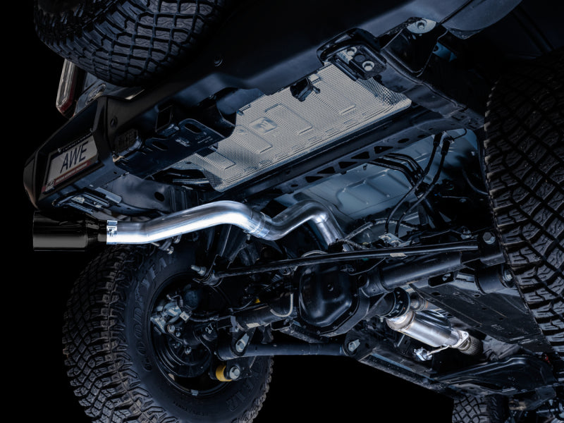 AWE Tuning 2021+ Ford Bronco 0FG Single Rear Exit Exhaust w/Diamond Black Tip &amp; Bash Guard - 3015-23789