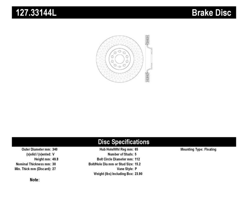 Stoptech Mk 7 - 7.5 Volkswagen Golf GTI - Slotted &amp; Drilled Sport Rotor (340MM) - Front Left - 127.33144L