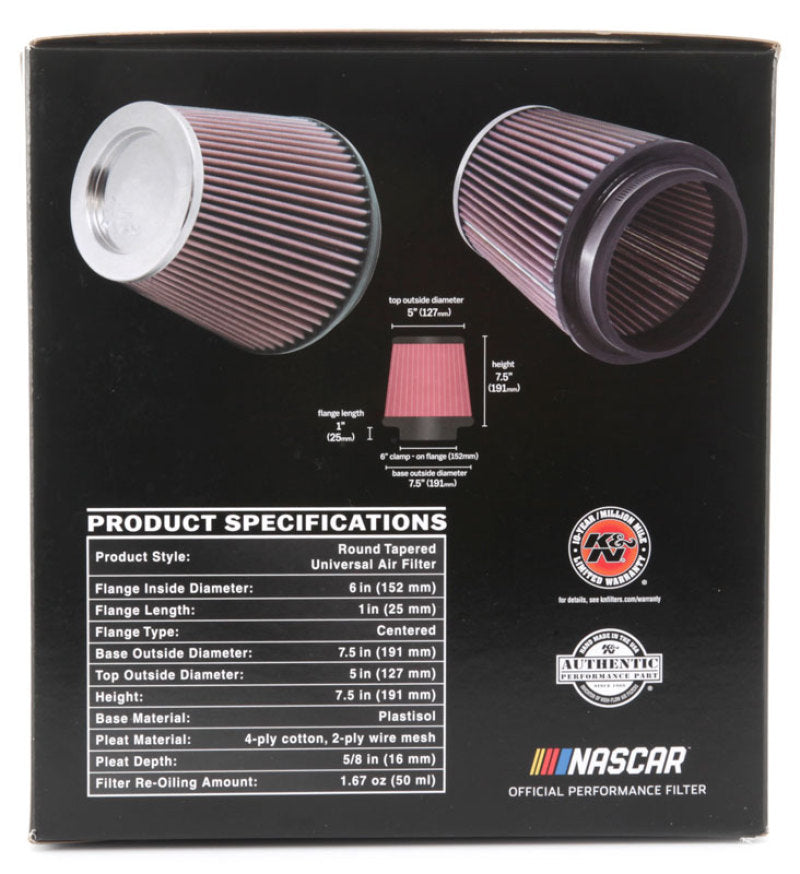 K&amp;N Round Tapered Universal Air Filter 6 inch Flange 7 1/2 inch Base 5 inch Top 7 1/2 inch Height - RF-1041