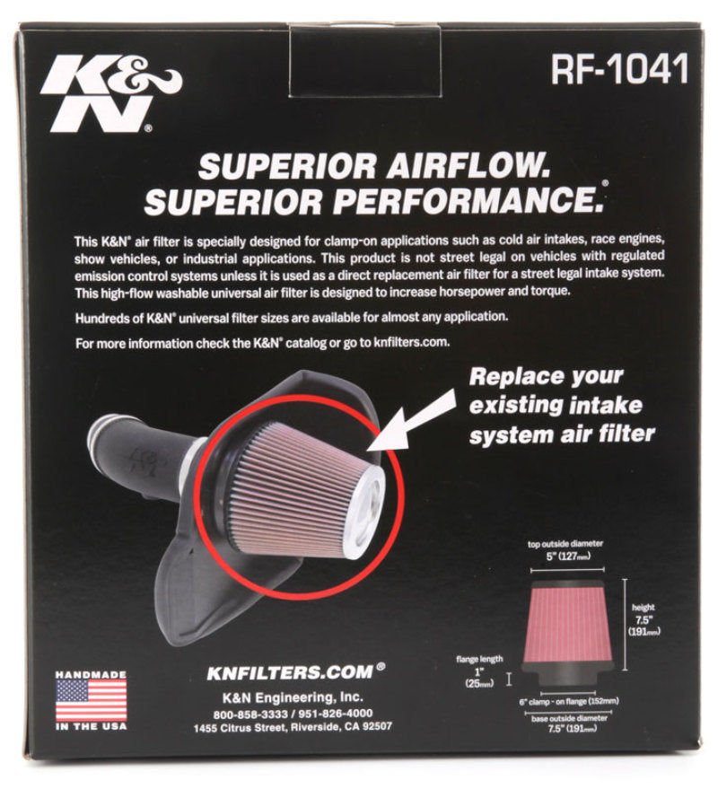 K&amp;N Round Tapered Universal Air Filter 6 inch Flange 7 1/2 inch Base 5 inch Top 7 1/2 inch Height - RF-1041