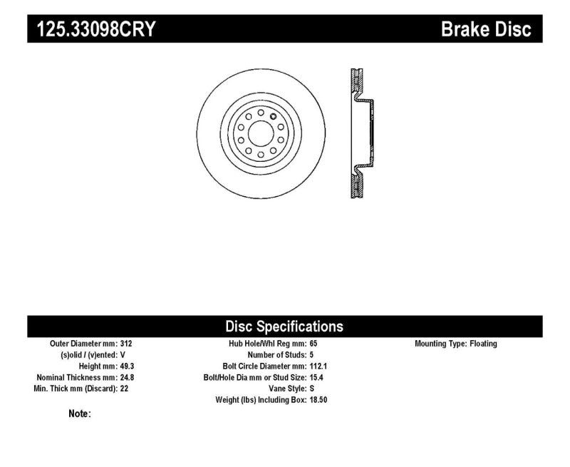 Stoptech 06-10 Audi A3 / 08-10 TT / 99-10 TT Quattro / 09 VW CC Front High Carbon CRYO-STOP Roto - 125.33098CRY