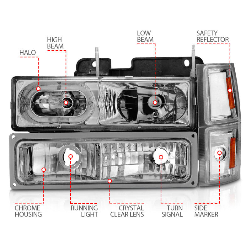 ANZO 88-98 Chevrolet C1500 Crystal Headlights Chrome Housing w/ Signal and Side Marker Lights - 111508