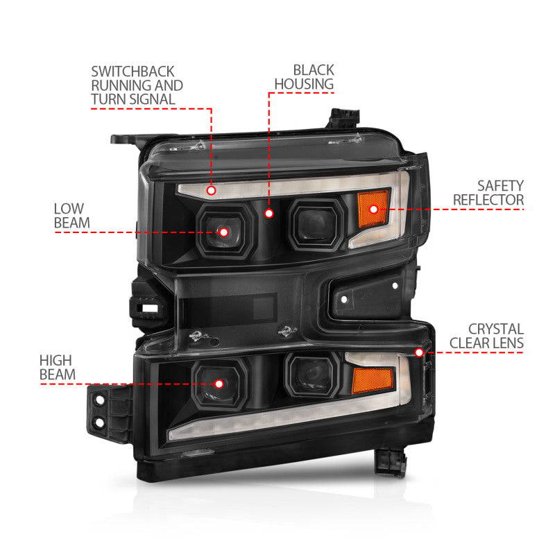 ANZO 19-22 Chevrolet Silverado 1500 LED Proj HL w/Lgt Bar SwBk Seq. Blk w/In. Light - Driver Side ON - 111566-L