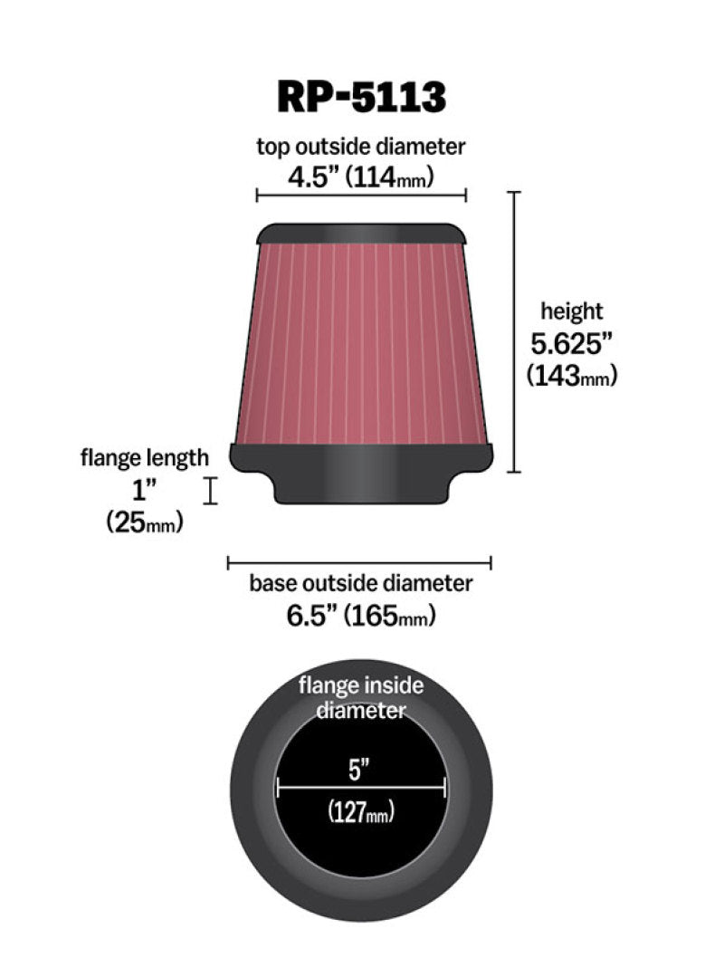 K&amp;N Cone Filter 5in ID 6.5in base 4.5in top 5.625in height carbon fiber look - RP-5113