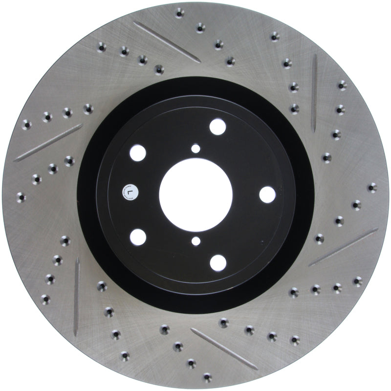 StopTech 05-10 Subaru Impreza WRX/STi Slotted & Drilled Left Front Rotor - 127.47022L for 2005-2014 Subaru Impreza - angle vi